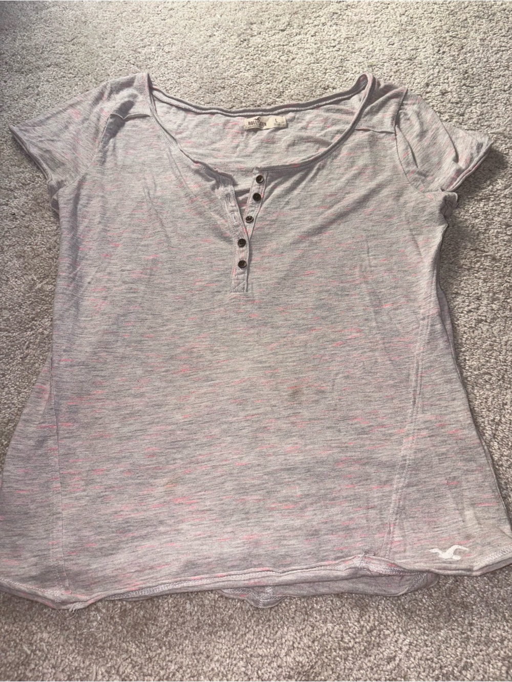 Hollister Heather Gray Short Sleeve Henley Tee with Pink Flecks
